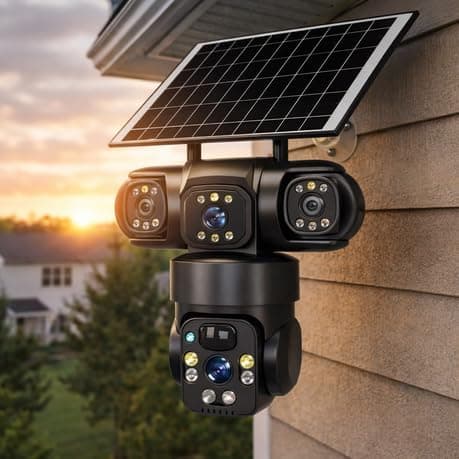TPZ solar camera installed under a roof eave at sunset